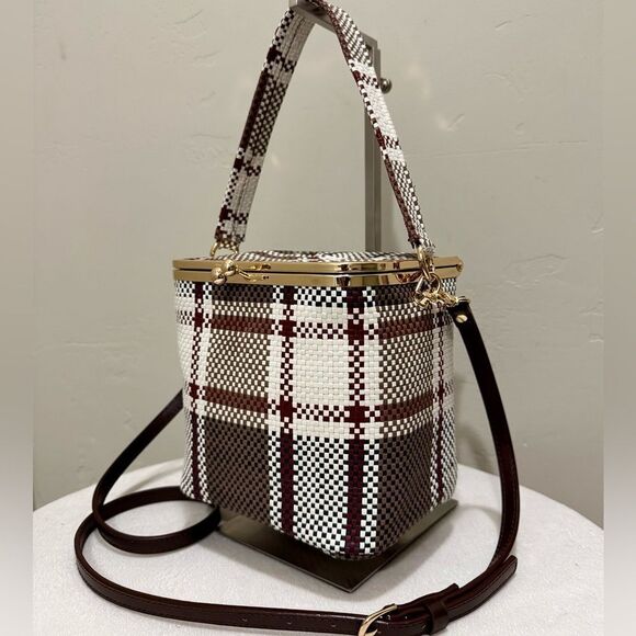 Plaid Pattern Woven Cowhide Kisslock Box Bag/Cosmetics case/Multi Use Style Bag - Picture 1 of 16